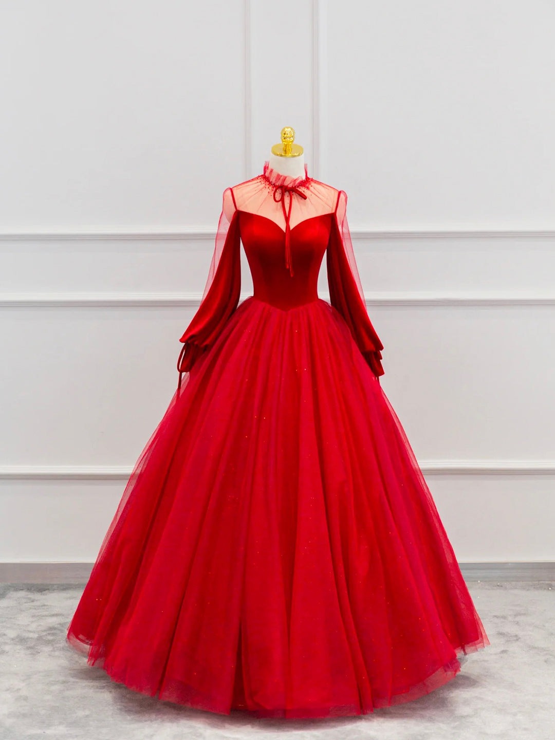 Red Velvet Tulle Floor Length Prom Dress, Beautiful Long Sleeve Evening Party Dress