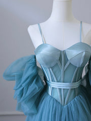 Fairy Blue Spaghetti Straps Corset Tulle Prom Dress, Detachable off Shoulder Party Dress