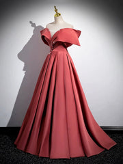 Beautiful Satin Off Shoulder Long Party Dress, A-Line Pearl Floor Length Prom Dress