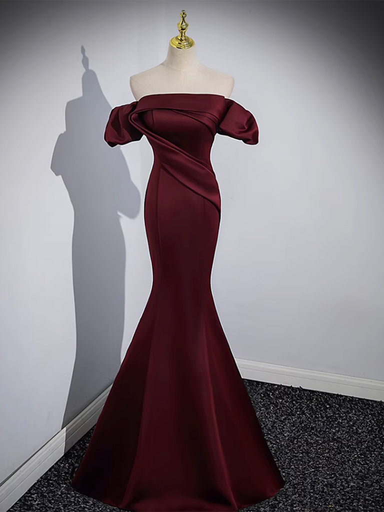 Mermaid off Shoulder Satin Burgundy Long Prom Dress, Burgundy Formal Dress