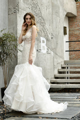 Mermaid Sleeveless V-Neck Wedding Dresses Sweep Train Ruffles Beaded