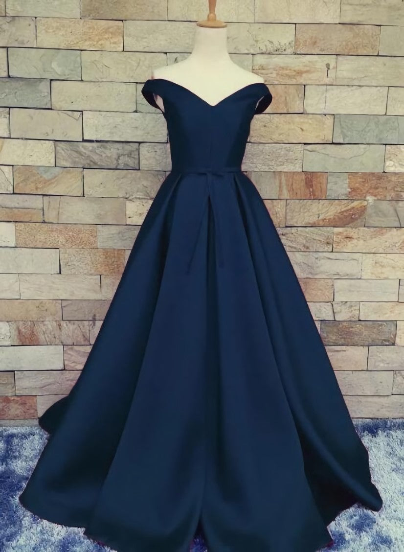 Navy Blue Satin Sweetheart A-line Handmade Formal Dress, Blue Long Prom Dress