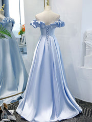 Off the Shoulder Blue Satin Prom Dresses, Sky Blue Off Shoulder Satin Long Formal Graduation Dresses