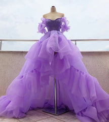 Off the Shoulder Purple High Low Prom Dresses, High Low Purple Formal Graduation Dresses