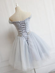 Off the Shoulder Short Gray Prom Dresses with Coset Back, Short Beaded Gray Graduation Homecoming Dresses