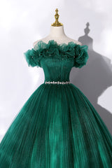 Off the Shoulder Tulle Long Prom Dress, Green A-Line Evening Graduation Dress