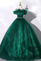 Off the Shoulder Tulle Long Prom Dress, Green A-Line Evening Graduation Dress