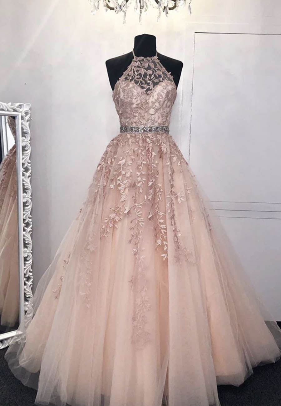 Pink Lace Long Prom Dresses, A-Line Formal Graduation Dresses