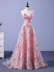 Pink 3D Flower Long Prom Dresses, 3D Floral Pink Long Formal Evening Dresses