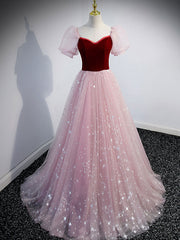 Pink A line Tulle Long Prom Dress, Pink Tulle Evening Graduation Dresses