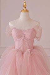 Pink Tulle Lace Long Formal Dress, A-Line Off Shoulder Pink Prom Dress