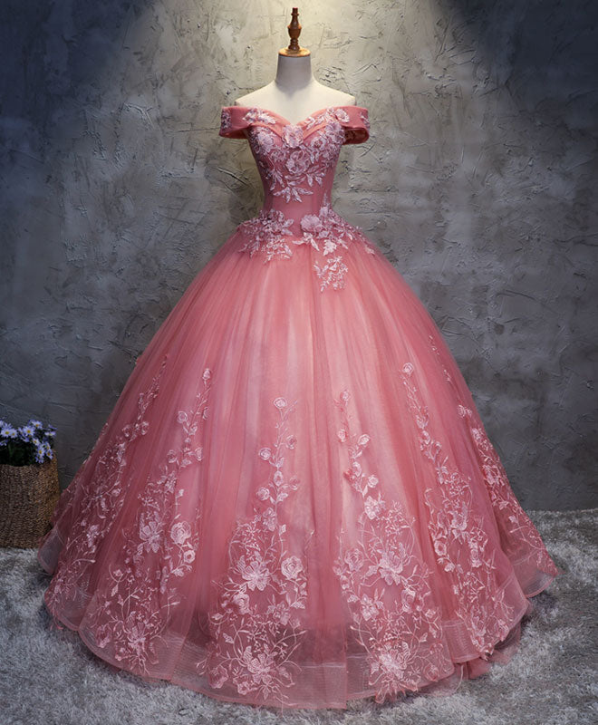 Pink Tulle Lace Off Shoulder Long Prom Dress Pink Tulle Evening Dress