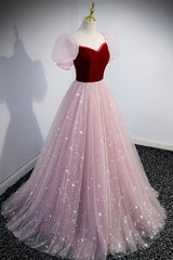 Pink Tulle Long A-Line Prom Dress, Lovely Short Sleeve Evening Party Dress