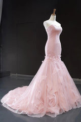 Pink Tulle Prom Dresses Sweetheart Mermaid Long Formal Dress with Ruffles,Wedding Party Dresses