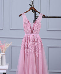 Pink V Neck Lace Tulle Long Prom Dress, Lace Evening Dresses