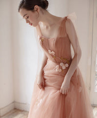 Pink V Neck Tulle Long Prom Dress, Tulle Pink Evening Dress