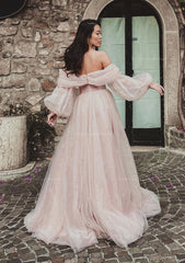 Princess Off The Shoulder Sweep Train Tulle Prom Dress With Pleated Split