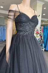 Princess V Neck Black Tulle Cold-Shoulder Long Prom Gown Formal Dresses