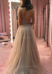 Princess V Neck Court Train Tulle Prom Dress With Appliqued Beading