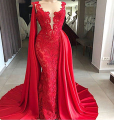 Tulle Red With Appliques Satin Sheath Long Prom Dresses