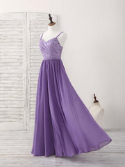 Purple Lace Chiffon Long Prom Dress Purple Bridesmaid Dress