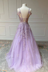 Purple v neck tulle lace long prom dress purple lace formal dress