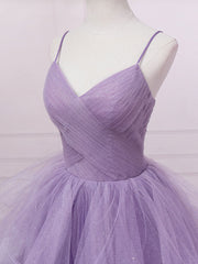 Purple V Neck Tulle Sequin Long Prom Dress Purple Tulle Formal Party Dress