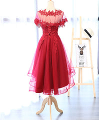 Red Round Neck Lace Tulle Short Prom Dress