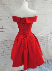 Red Satin Short Party Dress, Red Off Shoulder Homecoming Dress