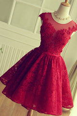 Red Short Lace Homecoming Dresses,Knee-length Prom Dress,Party Gown