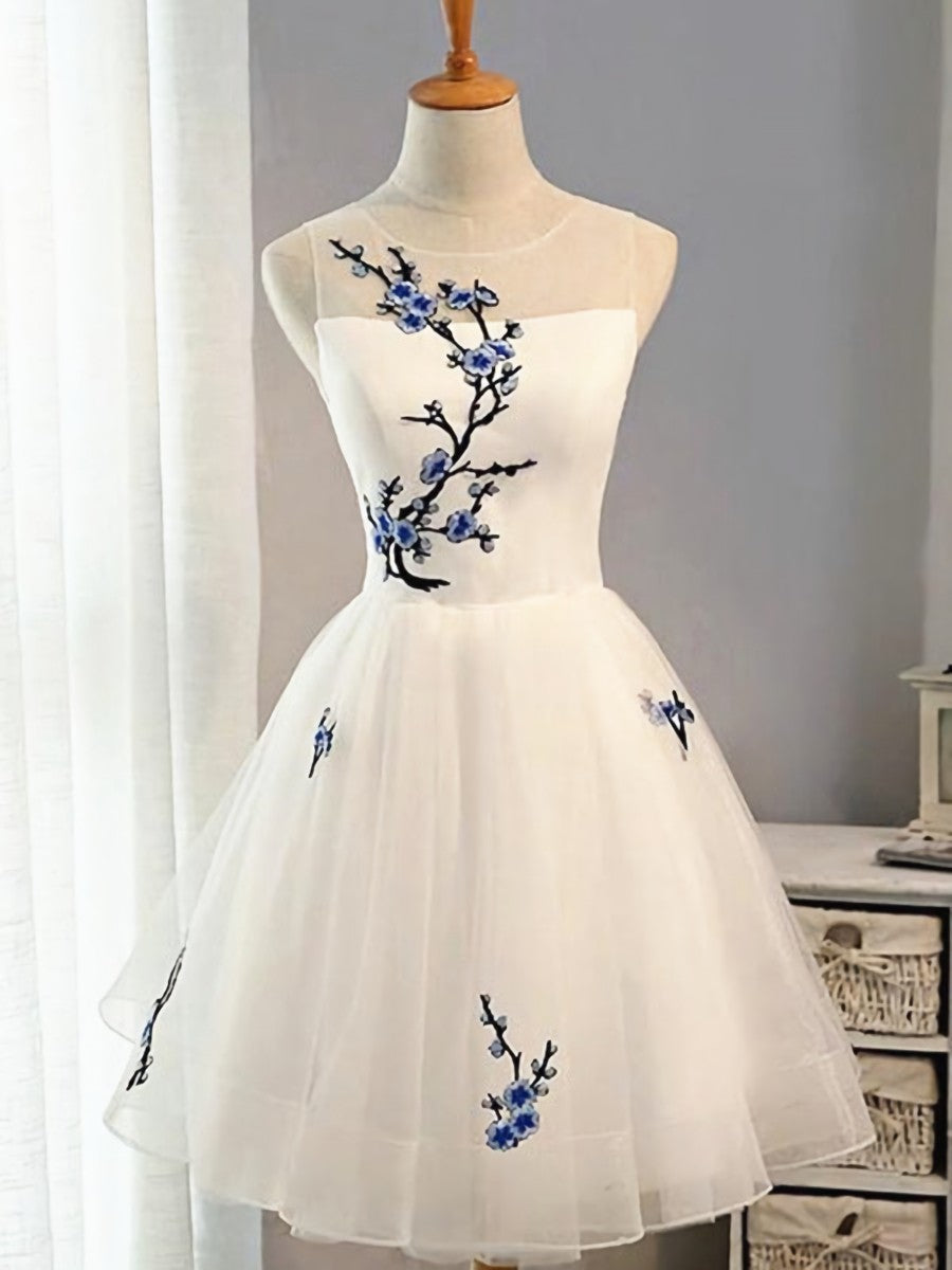 Round Neck Short White Prom Dresses, Short White Floral Graduation Homecoming Dresses