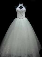 Sequin Ball Gown Sleeveless Floor Length Beading Tulle Halter Wedding Dresses