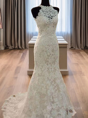 Sheath/Column Halter Sweep Train Lace Wedding Dresses