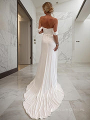 Sheath/Column Off-the-Shoulder Chapel Train Charmeuse Wedding Dresses With Leg Slit