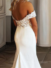 Sheath/Column Off-the-Shoulder Sweep Train Stretch Crepe Wedding Dresses With Appliques Lace