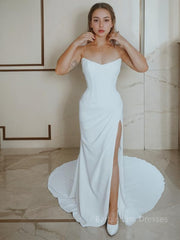 Sheath/Column Strapless Court Train Stretch Crepe Wedding Dresses With Leg Slit