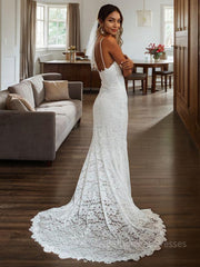 Sheath/Column V-neck Court Train Lace Wedding Dresses