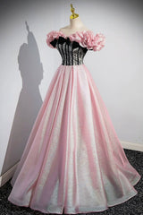 Shiny Tulle Long A-Line Pink Corset Prom Dress, Off the Shoulder Evening Party Dress