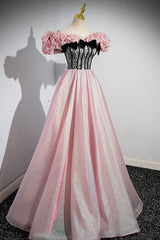 Shiny Tulle Long A-Line Pink Corset Prom Dress, Off the Shoulder Evening Party Dress