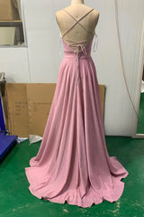 Shiny V Neck Pink Long Prom Dresses, Pink V Neck Long Formal Evening Dresses