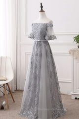 Short Sleeves Grey Lace Long Prom Dresses, Short Sleeves Gray Lace Long Formal Evening Dresses