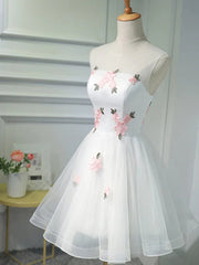 Short White Floral Prom Dresses, Short White Floral Formal Homecoming Dresses