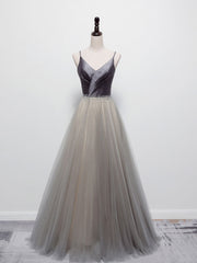 Simple Gray V Neck Tulle Long Prom Dress, Gray A line Gray Formal Dresses