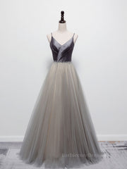 Simple gray v neck tulle long prom dress, gray tulle formal dress