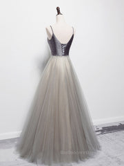 Simple gray v neck tulle long prom dress, gray tulle formal dress