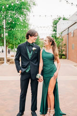 Simple Mermaid Dark Green Slit Long Prom Dresses Formal Dress