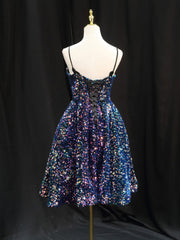 Simple Sequin Blue Short Prom Dress, Blue Homecoming Dress