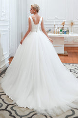 Simple White A Line V Neck Open Back Tulle Wedding Dresses