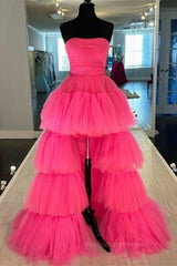 Strapless Hot Pink High Low Prom Dresses, Hot Pink High Low Formal Homecoming Dresses