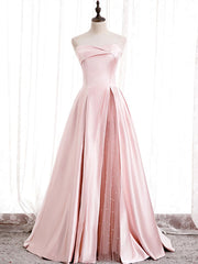 Strapless Pink Satin Prom Dresses, Pink Satin Long Formal Evening Dresses